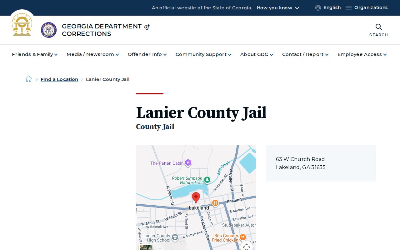 Georgia Department of Corrections listing for Lanier County Jail