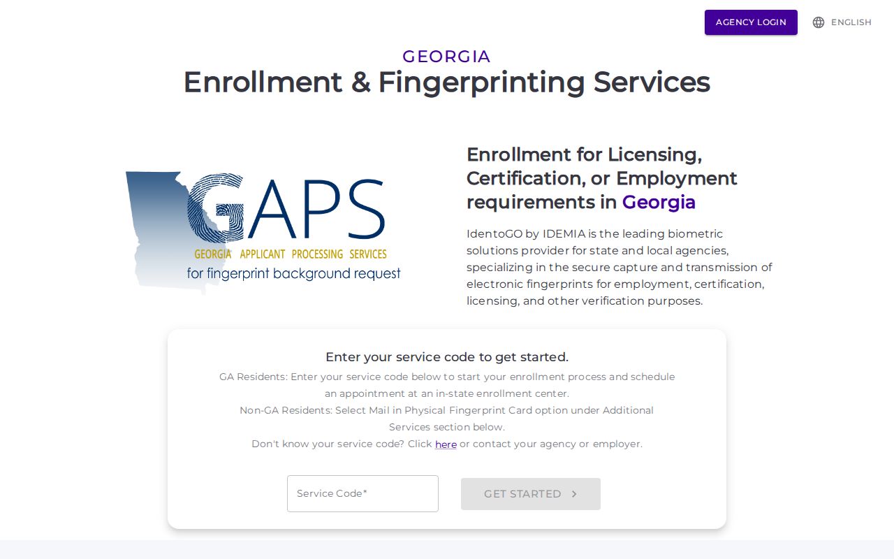Georgia Applicant Processing Service and IdentoGO appointment page