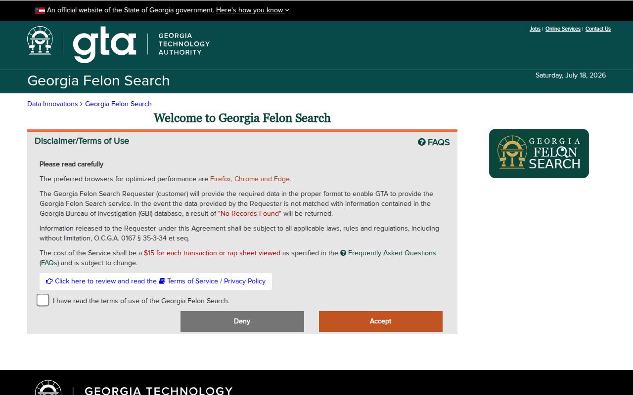 Georgia Felon Search application screen